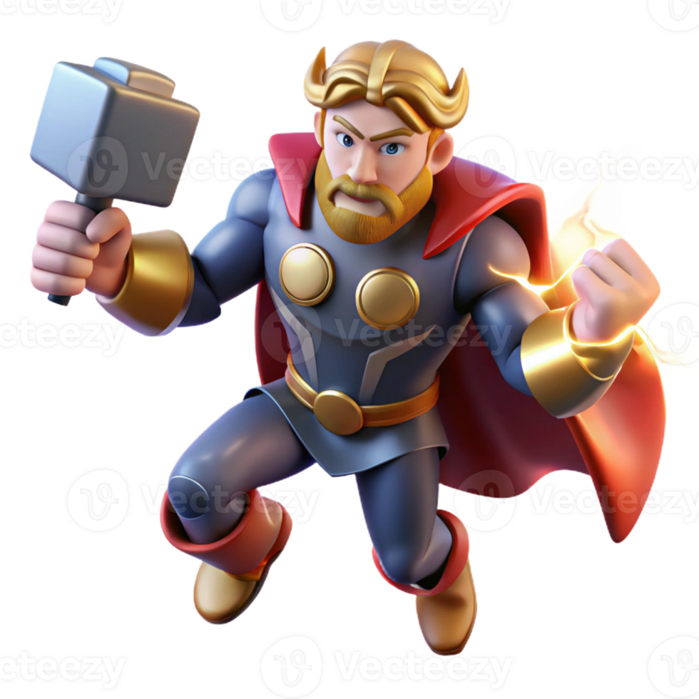 stunning classic A powerful Thor wielding Mjolnir, lightning crackling around him, dramatic comic book art style genuine png