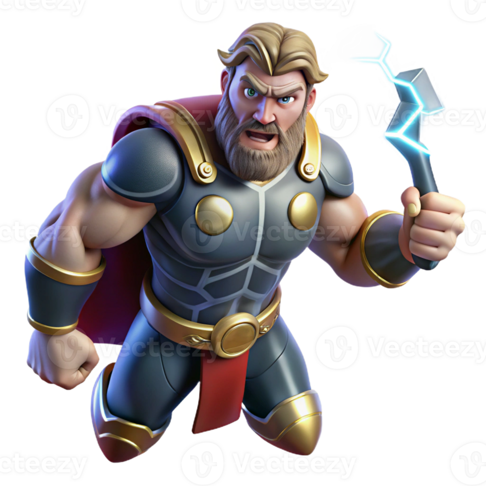 elegant classic A powerful Thor wielding Mjolnir, lightning crackling around him, dramatic comic book art style exclusive png