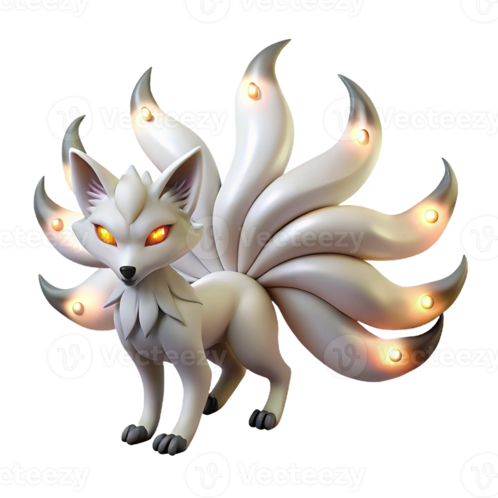 wonderful abstract A shapeshifting Kitsune with nine tails, glowing in the moonlight, Japanese Ukiyo-e style high quality png