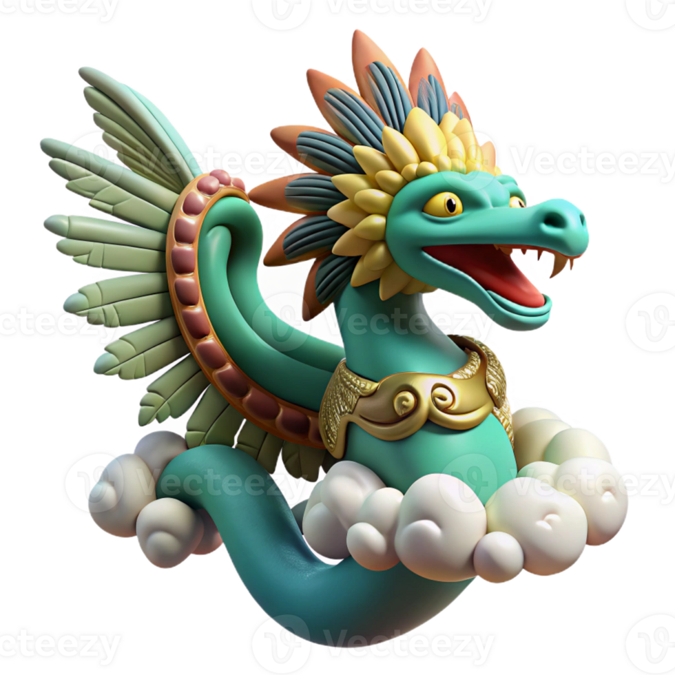 serene abstract A benevolent Quetzalcoatl, the feathered serpent god, descending from the heavens, Mesoamerican art style genuine png