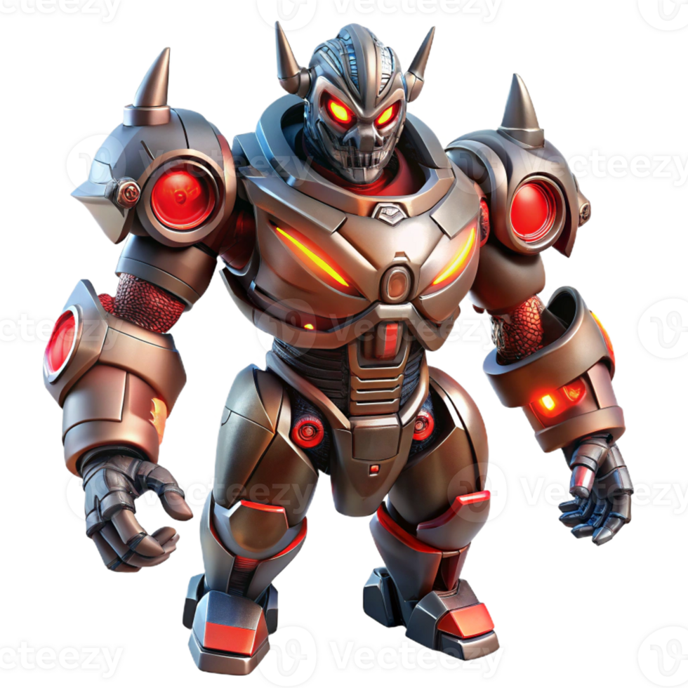 beautiful modern A powerful steampunk mecha, armed with intricate weaponry, glowing red eyes, dynamic lighting, comic book style professional png