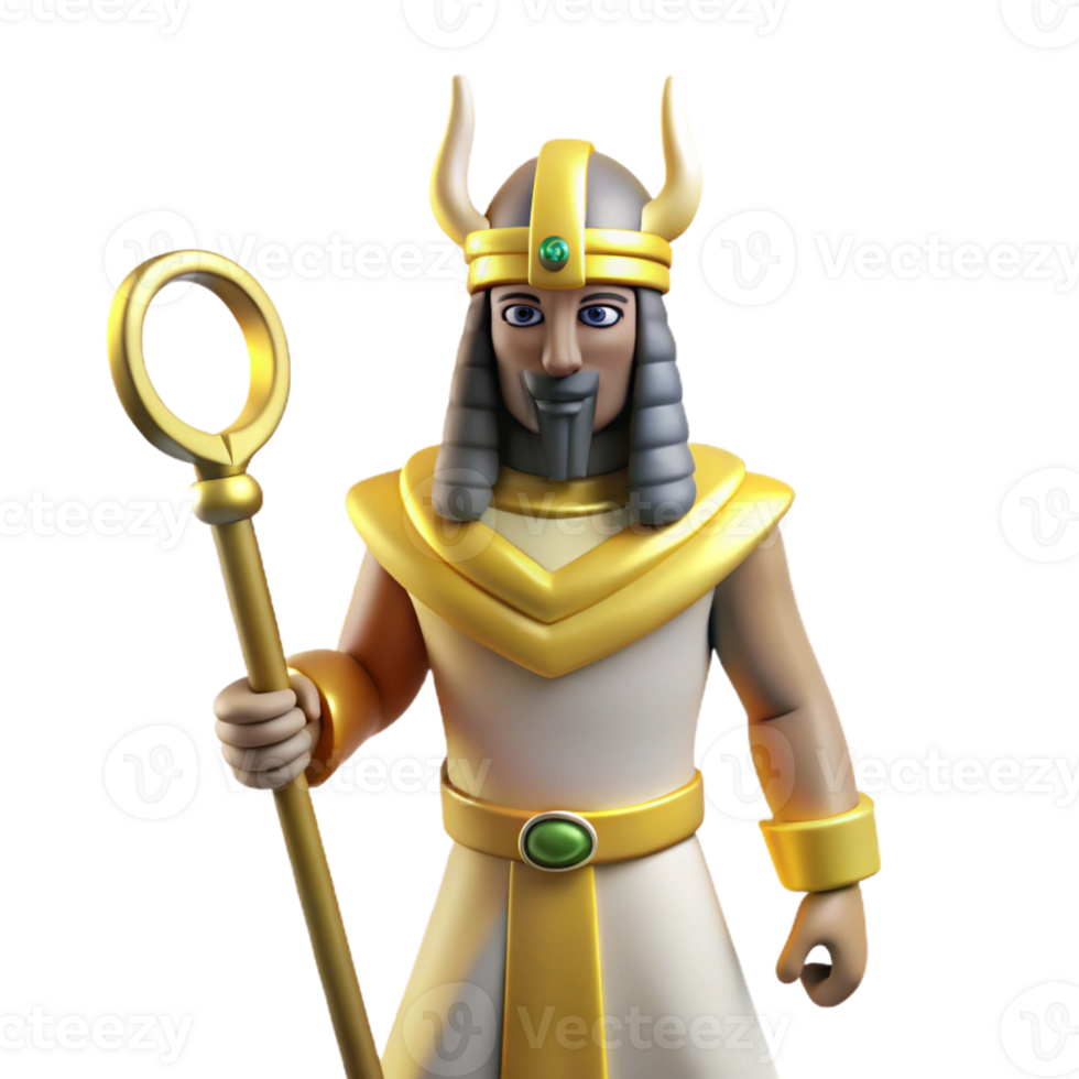 vibrant minimalist A stoic Osiris, god of the underworld, holding a crook and flail, hieroglyphic mural style professional png