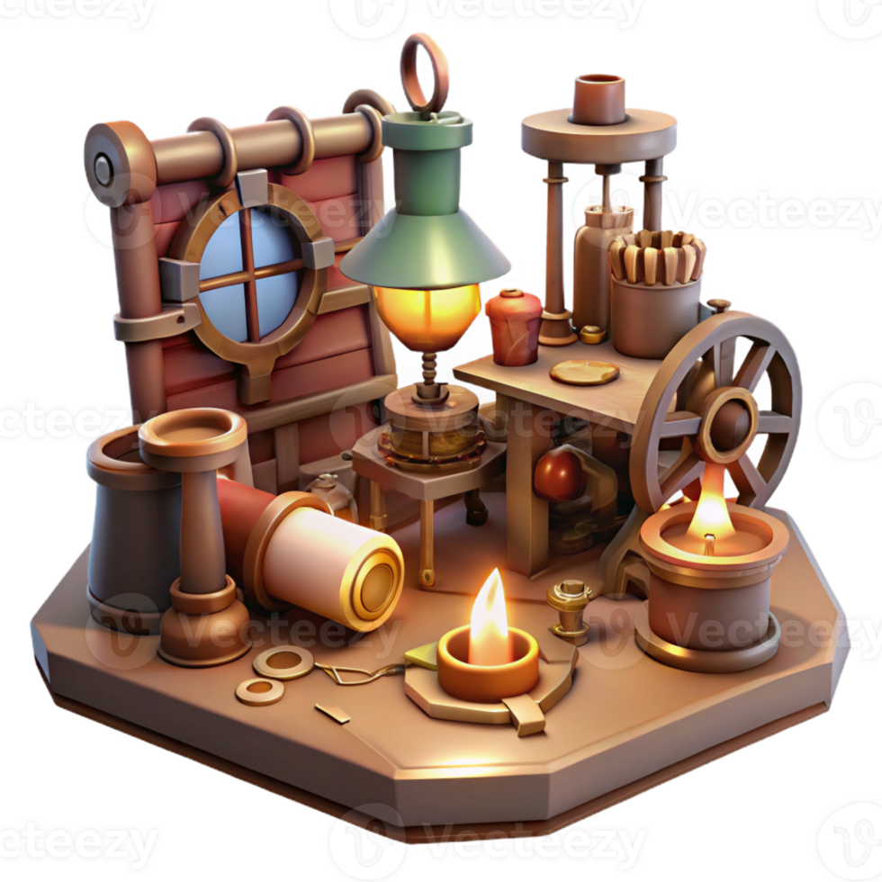 impressive abstract A cluttered steampunk workshop, filled with tools, gears, and half-finished inventions, lit by a single oil lamp, painterly style authentic png