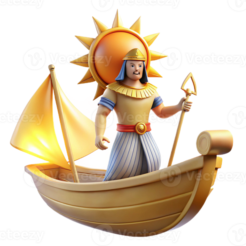serene traditional A radiant Ra, the sun god, sailing across the sky in his solar barque, vibrant Egyptian art style premium png