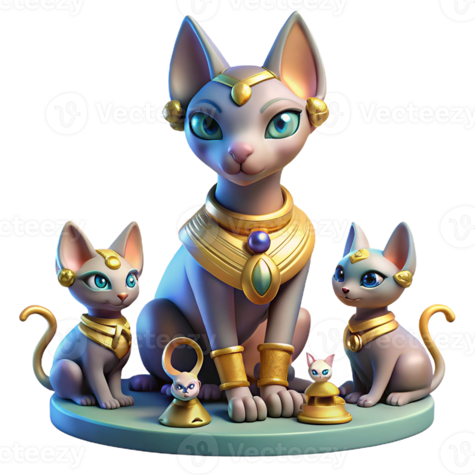 beautiful vintage A powerful Bastet, the cat goddess, surrounded by kittens, playful and whimsical style original png