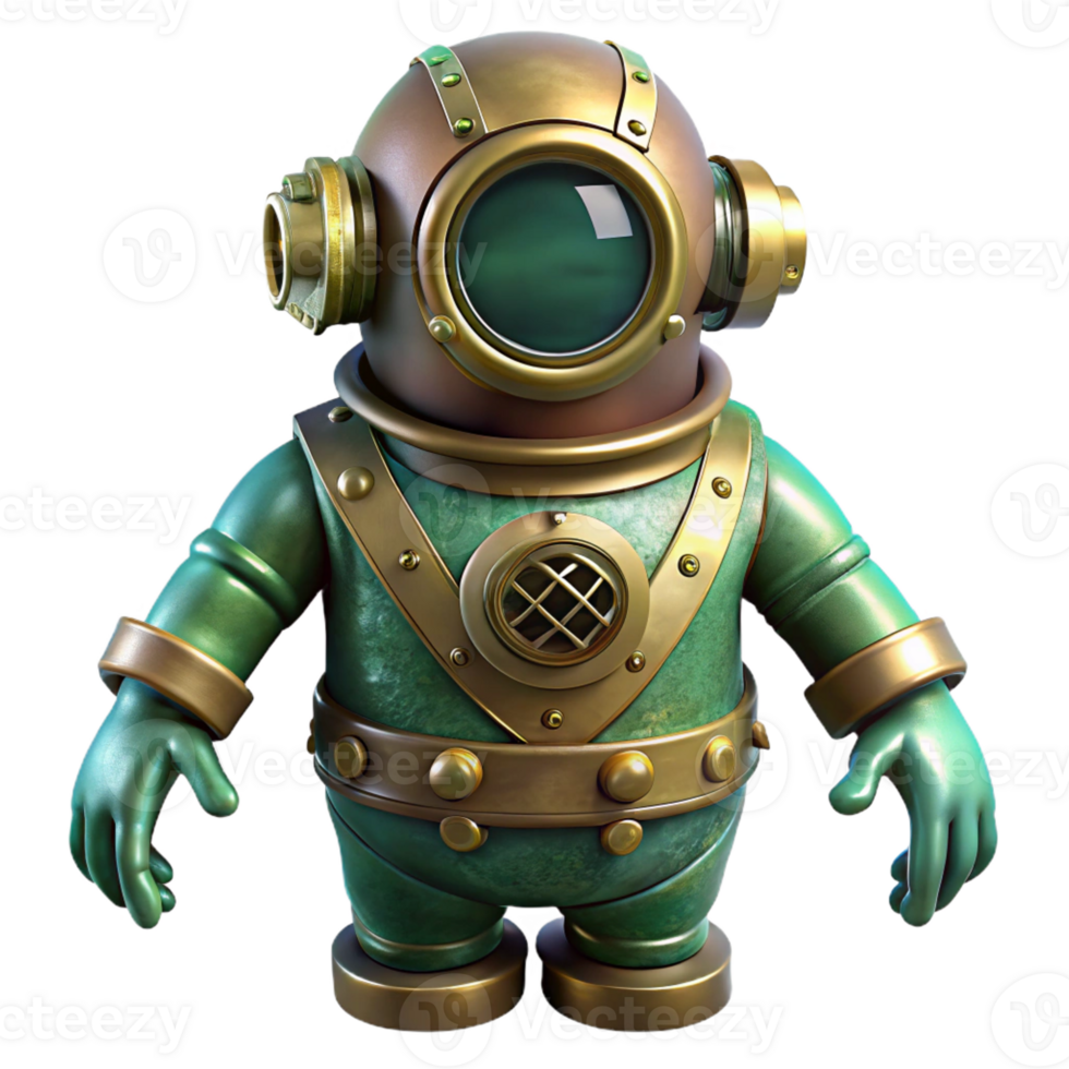 extraordinary artistic A vintage steampunk diving suit with a large brass helmet and articulated limbs, submerged in murky green water, dark lighting, underwater photography style genuine png