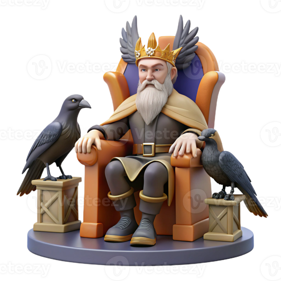 elegant classic A wise Odin, the Allfather, seated on his throne Hlidskjalf, accompanied by ravens Huginn and Muninn, Norse mythology style high quality png