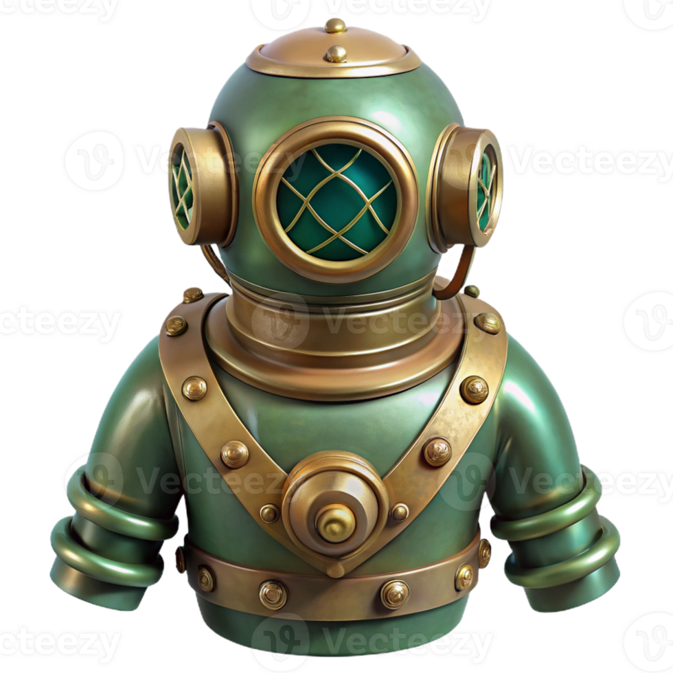 beautiful abstract A vintage steampunk diving suit with a large brass helmet and articulated limbs, submerged in murky green water, dark lighting, underwater photography style high resolution png