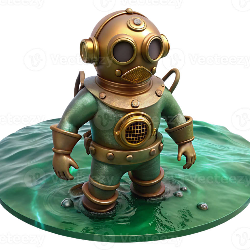 elegant traditional A vintage steampunk diving suit with a large brass helmet and articulated limbs, submerged in murky green water, dark lighting, underwater photography style high resolution png