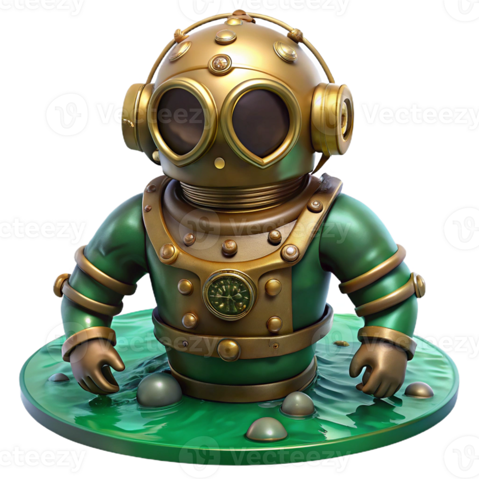 wonderful minimalist A vintage steampunk diving suit with a large brass helmet and articulated limbs, submerged in murky green water, dark lighting, underwater photography style authentic png