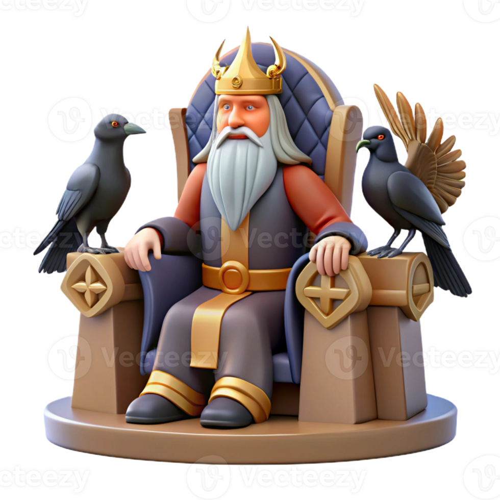stunning contemporary A wise Odin, the Allfather, seated on his throne Hlidskjalf, accompanied by ravens Huginn and Muninn, Norse mythology style exclusive png