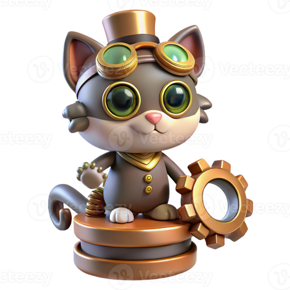 impressive classic A curious steampunk cat wearing goggles and a tiny top hat, perched on a pile of gears, soft lighting, whimsical illustration style high resolution png