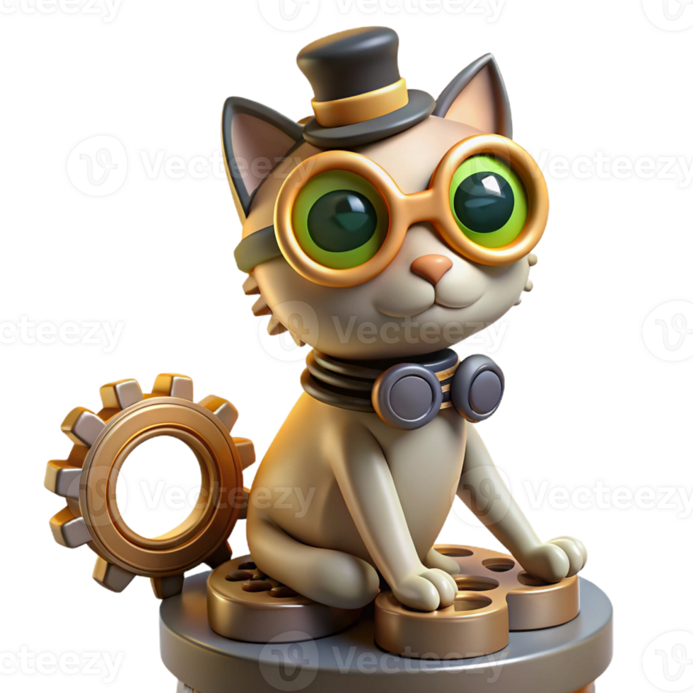 impressive abstract A curious steampunk cat wearing goggles and a tiny top hat, perched on a pile of gears, soft lighting, whimsical illustration style high resolution png