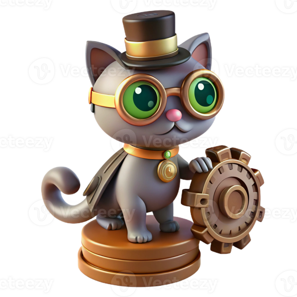 stunning artistic A curious steampunk cat wearing goggles and a tiny top hat, perched on a pile of gears, soft lighting, whimsical illustration style exclusive png