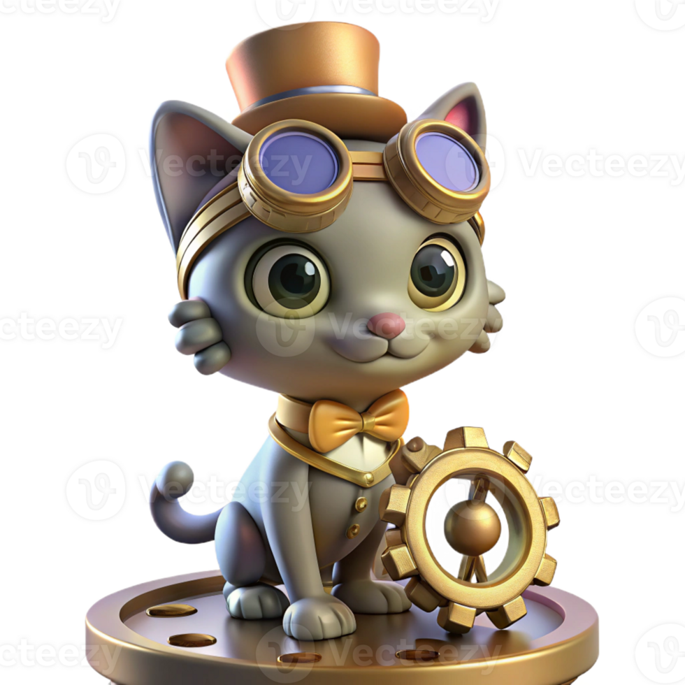 impressive rustic A curious steampunk cat wearing goggles and a tiny top hat, perched on a pile of gears, soft lighting, whimsical illustration style exclusive png
