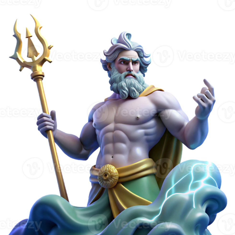dramatic modern Poseidon commanding a storm-tossed sea, lightning illuminating his trident, dramatic Baroque painting style high resolution png