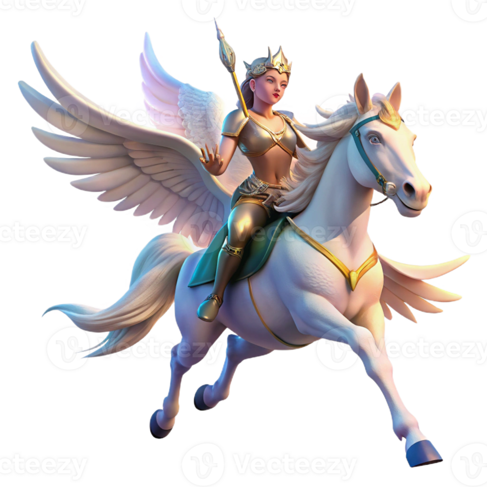impressive classic A graceful Valkyrie riding a winged horse through a twilight sky, soft ethereal lighting, Romantic painting style genuine png