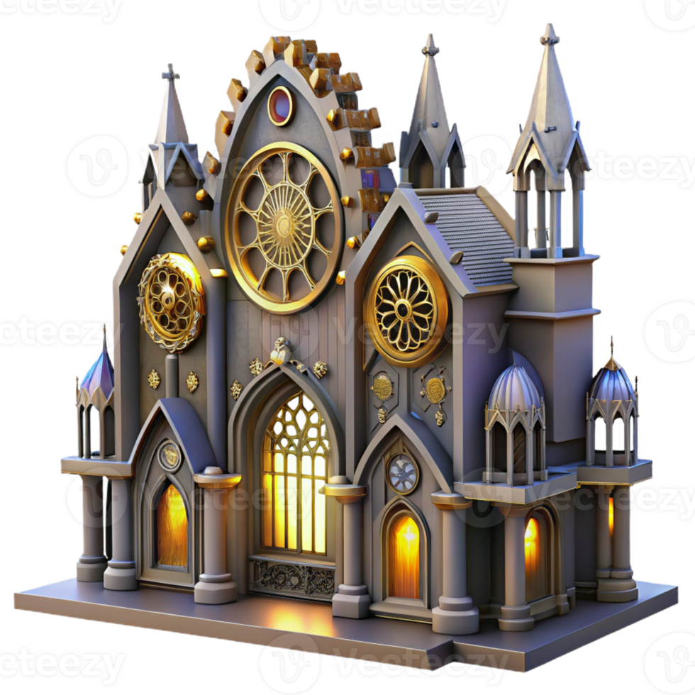 wonderful vintage A magnificent steampunk cathedral with stained glass windows depicting gears and cogs, illuminated by ethereal light, gothic style high quality png