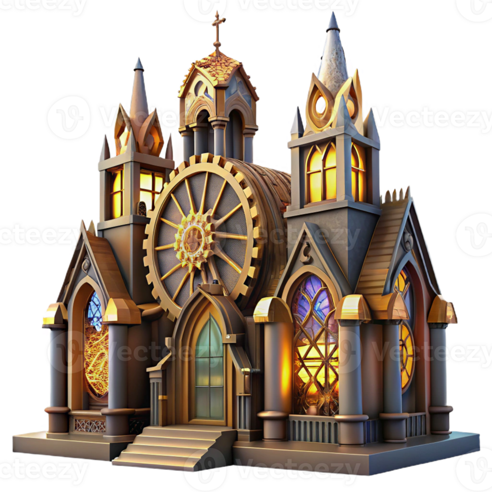 vibrant artistic A magnificent steampunk cathedral with stained glass windows depicting gears and cogs, illuminated by ethereal light, gothic style detailed png