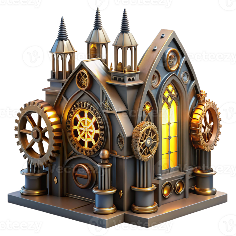 beautiful traditional A magnificent steampunk cathedral with stained glass windows depicting gears and cogs, illuminated by ethereal light, gothic style original png