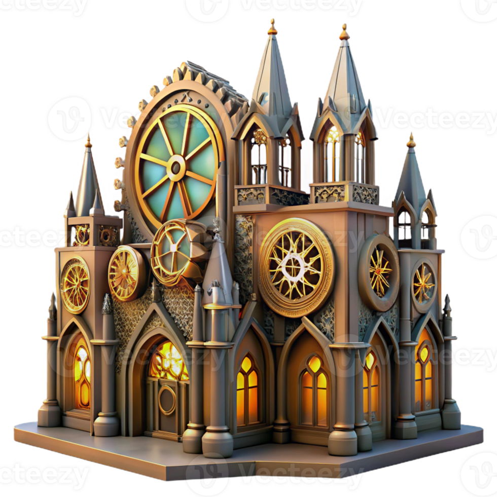 extraordinary modern A magnificent steampunk cathedral with stained glass windows depicting gears and cogs, illuminated by ethereal light, gothic style high resolution png
