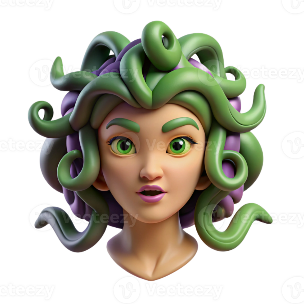 serene rustic Medusa with snakes for hair, eyes glowing menacingly, hyperrealistic style high quality png