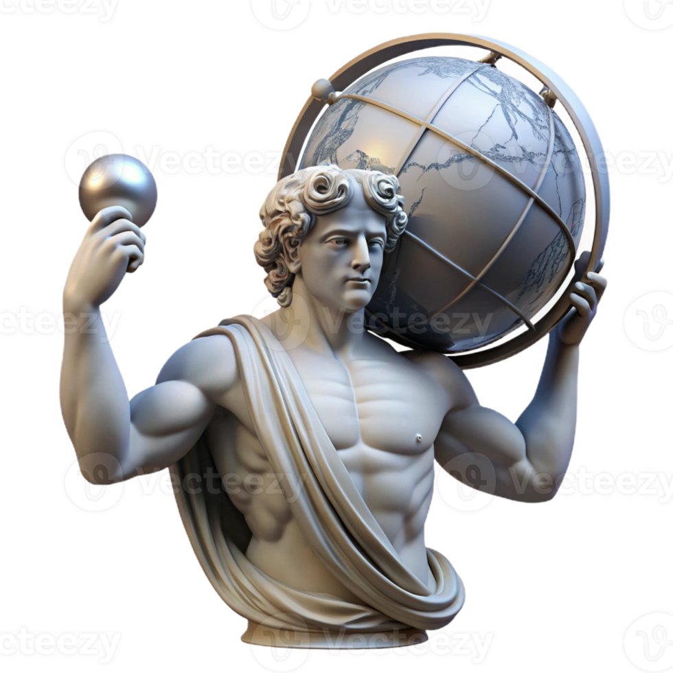 stunning rustic A stoic Atlas bearing the weight of the celestial sphere, dramatic backlighting, neoclassical sculpture style 4K png