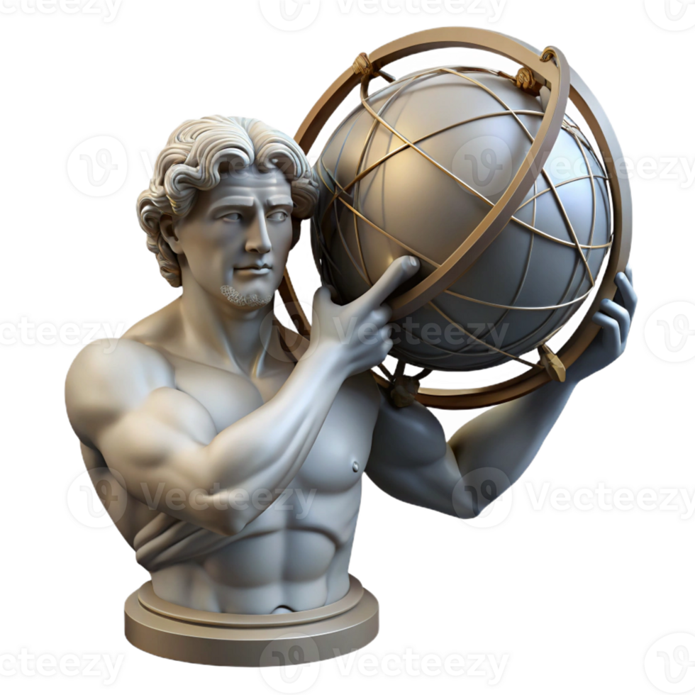 vibrant classic A stoic Atlas bearing the weight of the celestial sphere, dramatic backlighting, neoclassical sculpture style high quality png