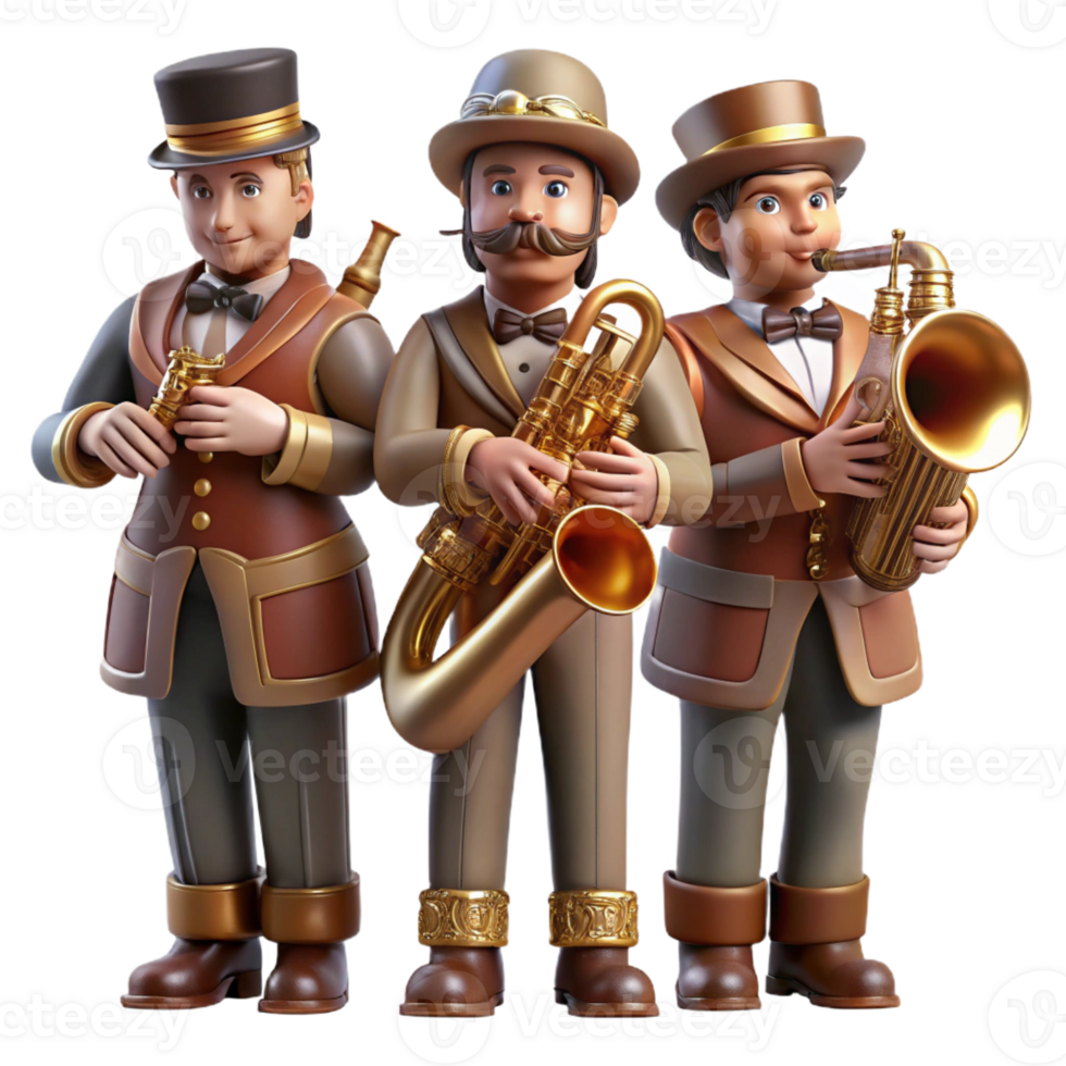 dramatic rustic A group of steampunk musicians playing brass instruments, dressed in elaborate Victorian attire, warm stage lighting, concert photography style original png