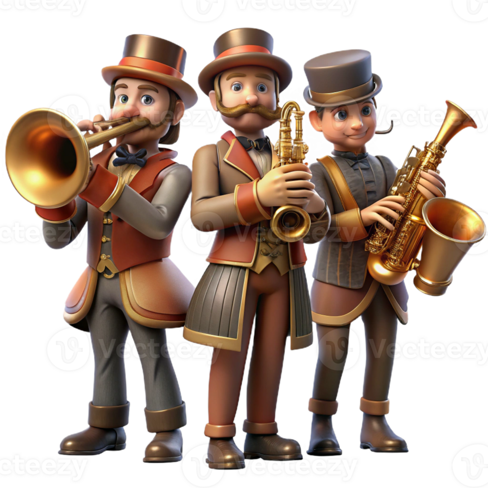 impressive artistic A group of steampunk musicians playing brass instruments, dressed in elaborate Victorian attire, warm stage lighting, concert photography style detailed png