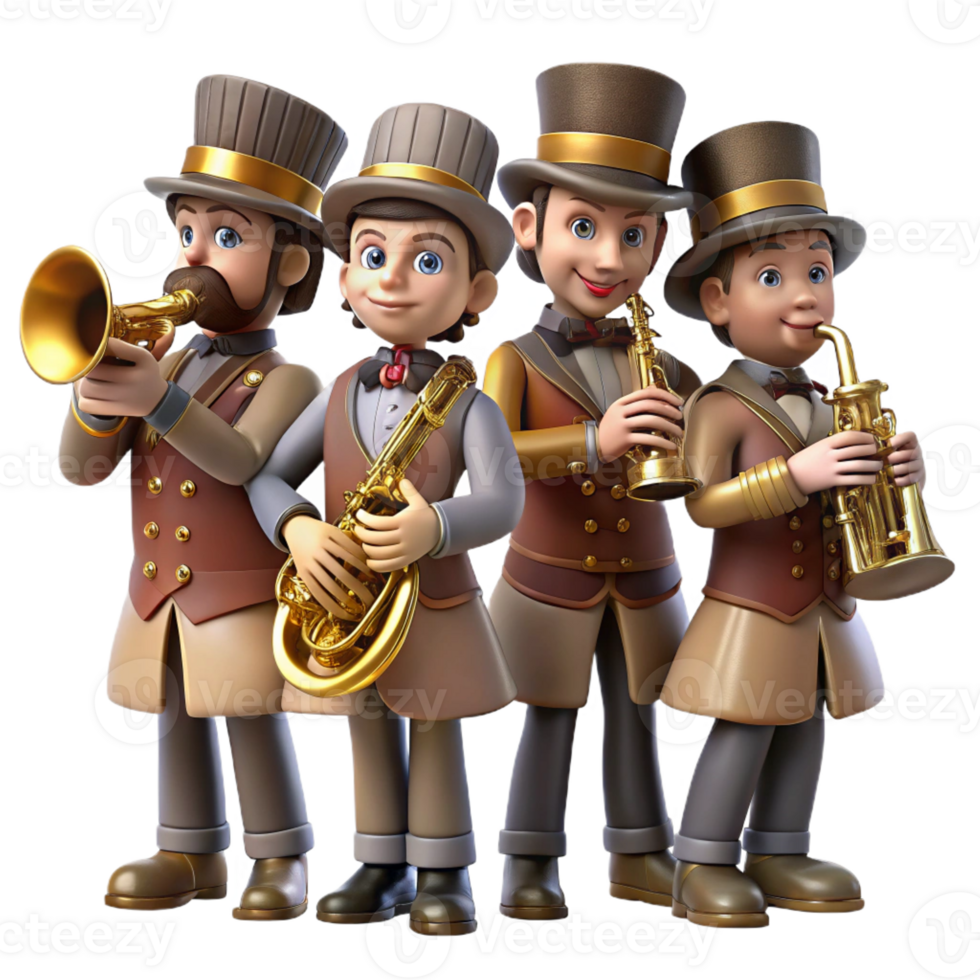 vibrant modern A group of steampunk musicians playing brass instruments, dressed in elaborate Victorian attire, warm stage lighting, concert photography style genuine png