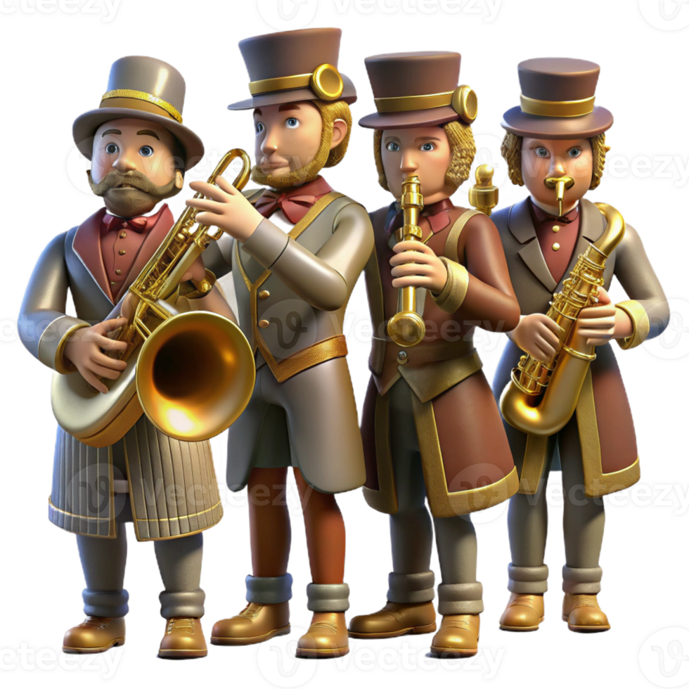 extraordinary traditional A group of steampunk musicians playing brass instruments, dressed in elaborate Victorian attire, warm stage lighting, concert photography style original png