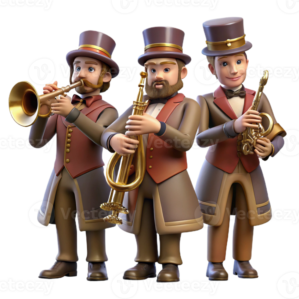 extraordinary classic A group of steampunk musicians playing brass instruments, dressed in elaborate Victorian attire, warm stage lighting, concert photography style original png