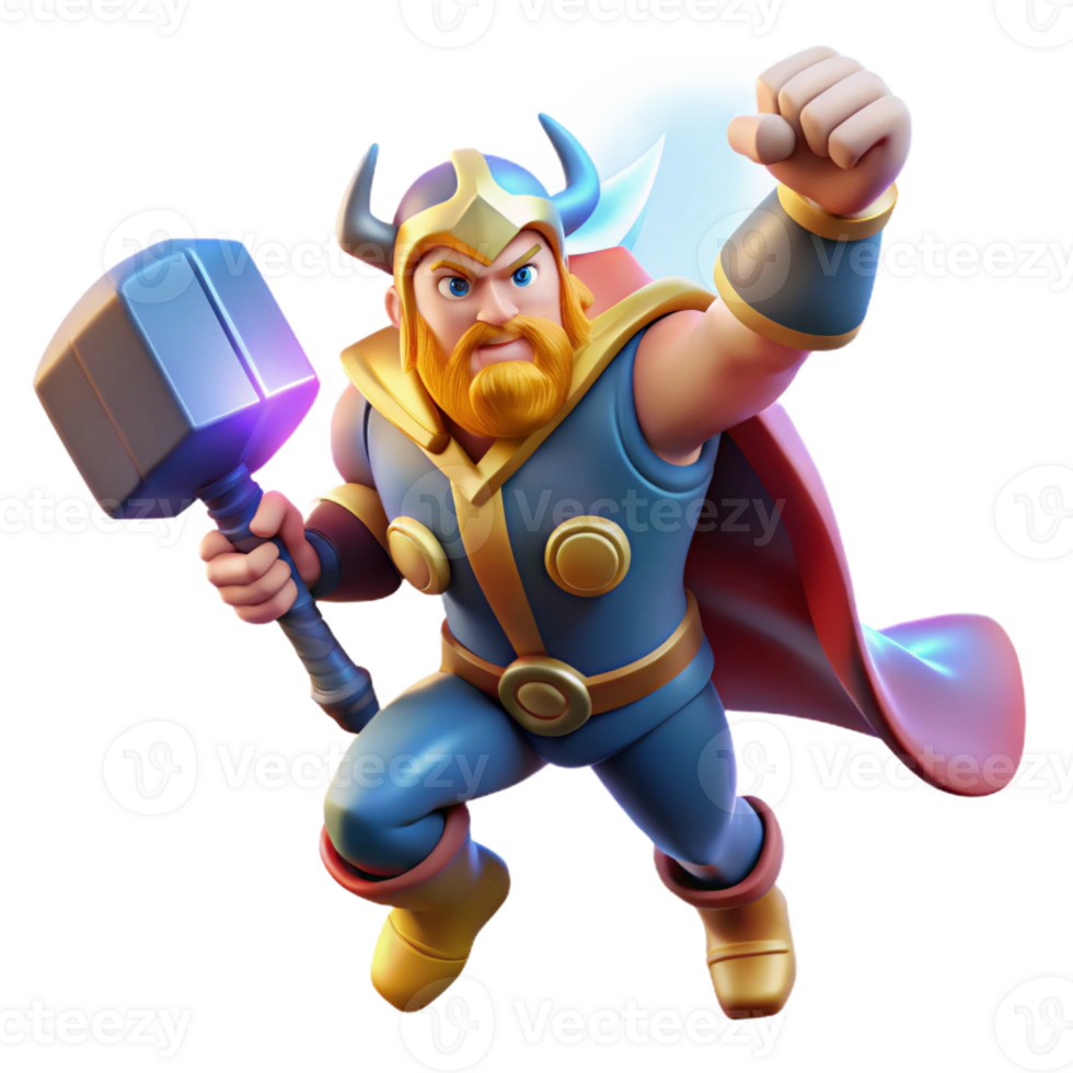 impressive creative A powerful Thor summoning lightning with Mjolnir, dynamic comic book style, vibrant colors authentic png