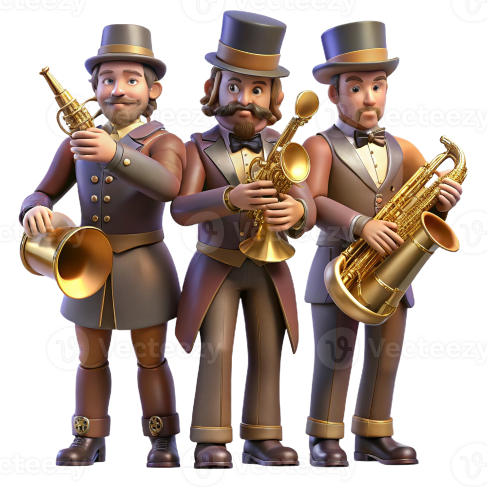 stunning artistic A group of steampunk musicians playing brass instruments, dressed in elaborate Victorian attire, warm stage lighting, concert photography style genuine png