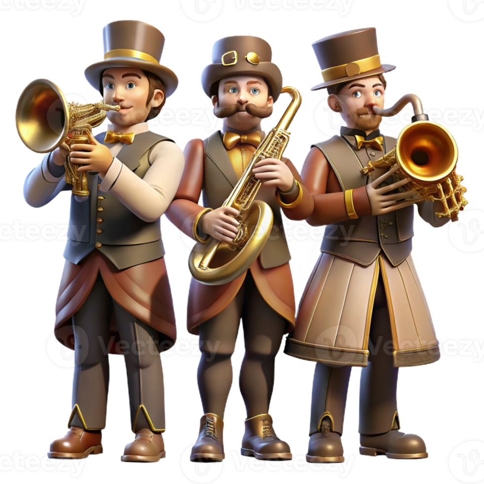 elegant artistic A group of steampunk musicians playing brass instruments, dressed in elaborate Victorian attire, warm stage lighting, concert photography style professional png