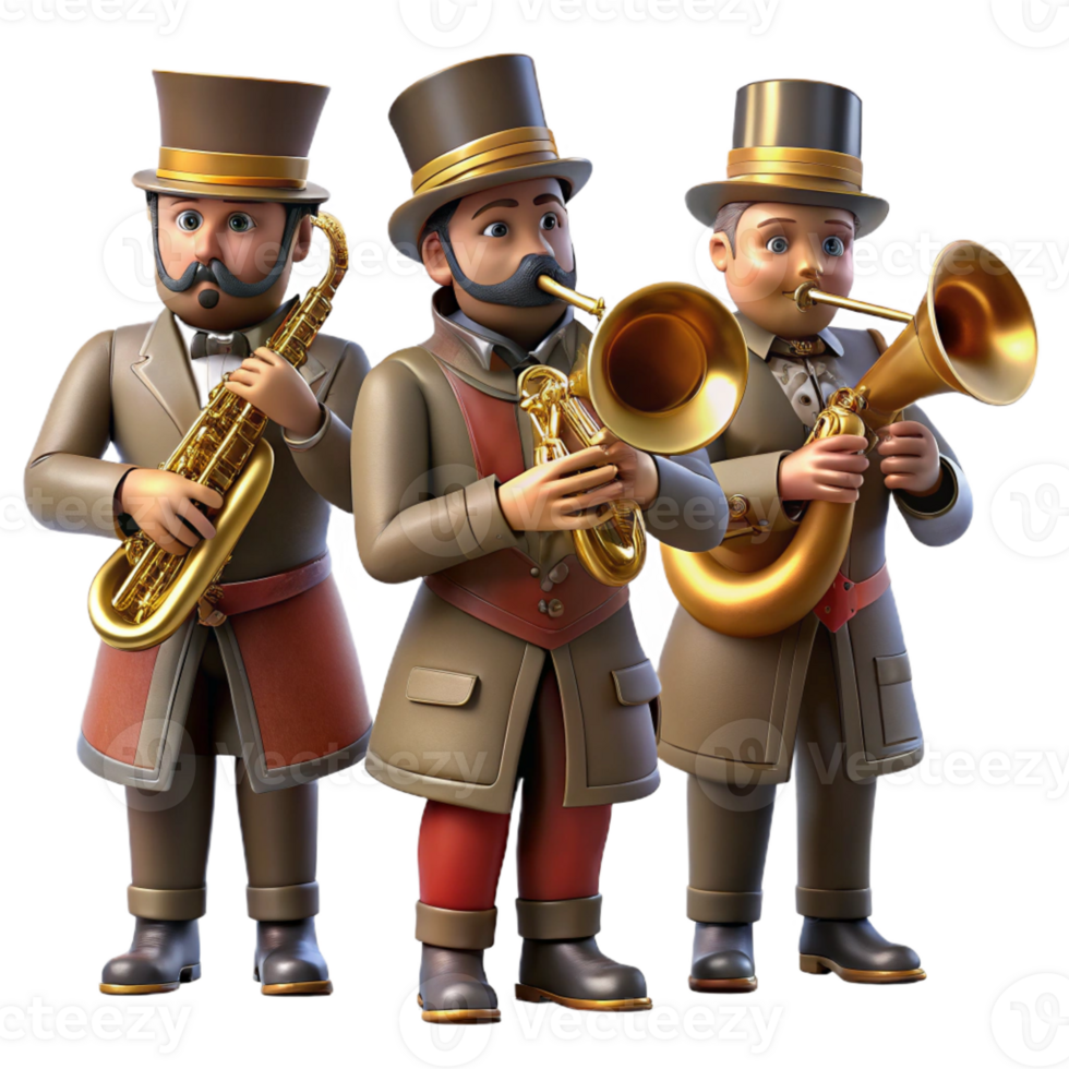 impressive traditional A group of steampunk musicians playing brass instruments, dressed in elaborate Victorian attire, warm stage lighting, concert photography style detailed png