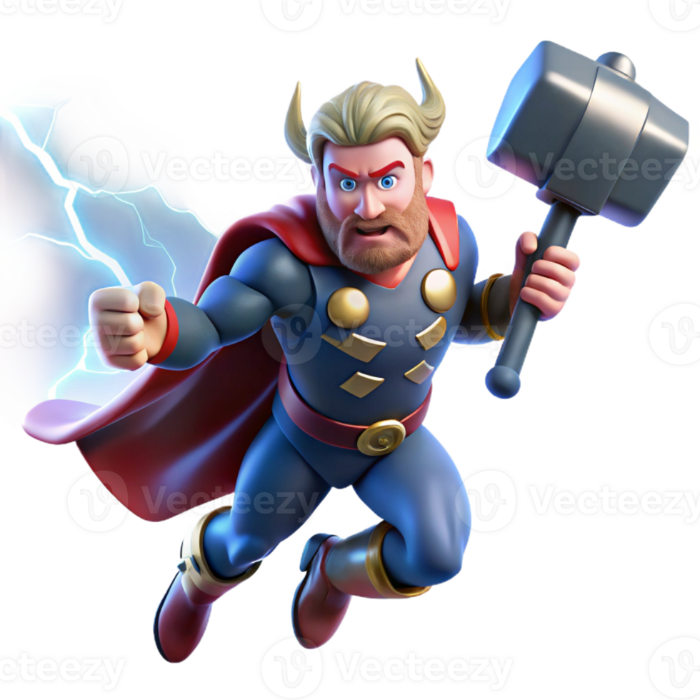serene contemporary A powerful Thor summoning lightning with Mjolnir, dynamic comic book style, vibrant colors high quality png