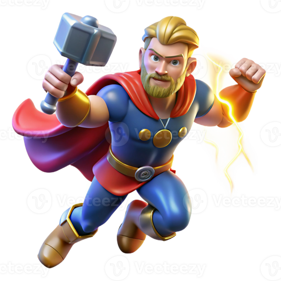vibrant traditional A powerful Thor summoning lightning with Mjolnir, dynamic comic book style, vibrant colors authentic png