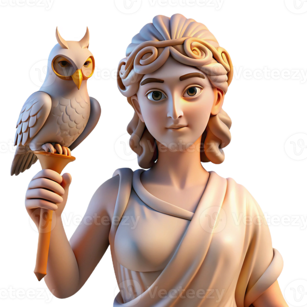 magnificent rustic A wise Athena holding an owl, bathed in the warm glow of a temple, classical Greek sculpture style exclusive png