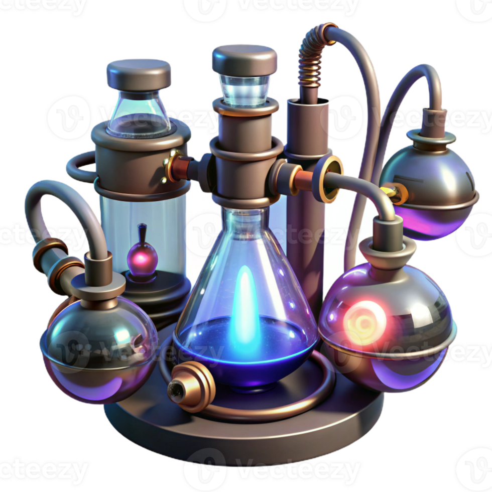 stunning modern A high-tech steampunk laboratory filled with bubbling beakers and glowing wires, dramatic lighting, science fiction style high quality png