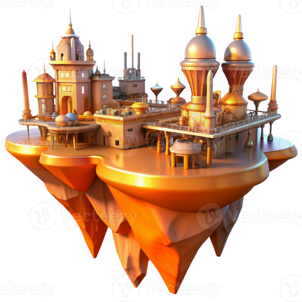 extraordinary modern A futuristic steampunk city built on floating islands, interconnected by intricate bridges, bathed in a warm orange glow, cyberpunk style authentic png