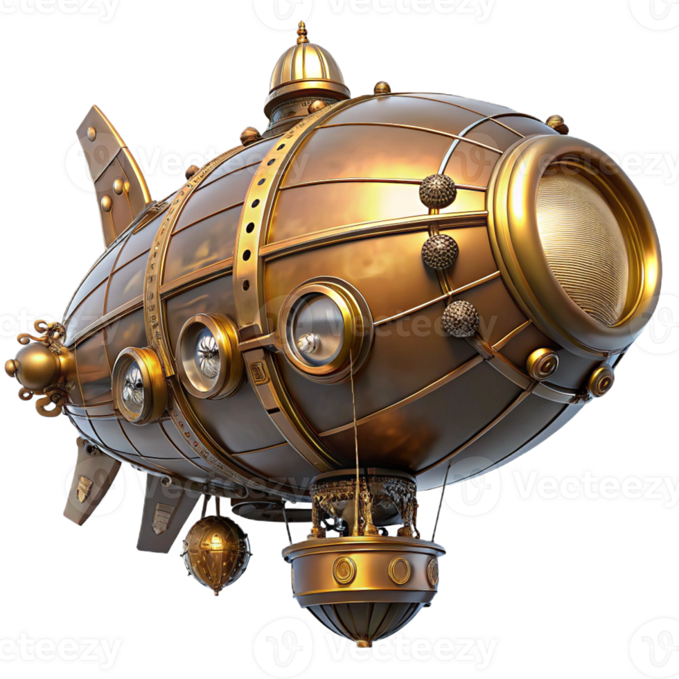 wonderful artistic A majestic steampunk airship, copper and brass, intricate gears exposed, illuminated by a warm, setting sun, detailed rivets and ornate carvings high resolution png