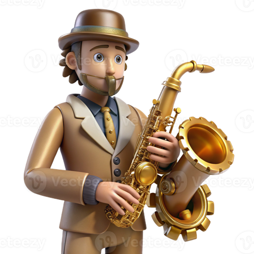 dramatic traditional A steampunk musician playing a brass saxophone with intricate gears and valves, bathed in warm stage lighting, Art Deco style professional png