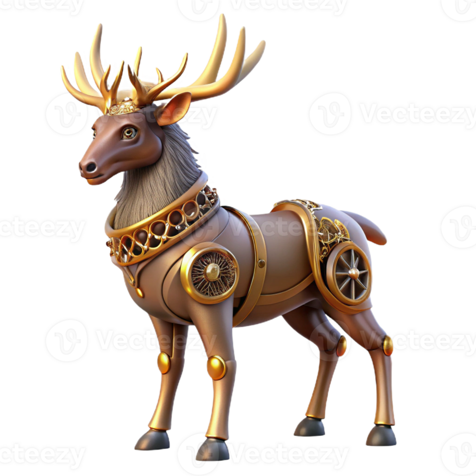 elegant contemporary A steampunk automaton in the form of a majestic stag, with intricate clockwork antlers, soft, dappled forest lighting exclusive png