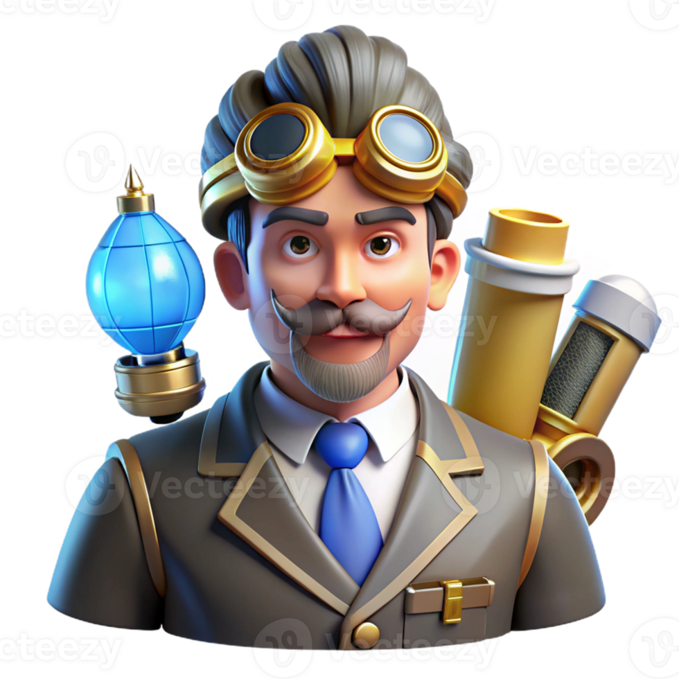 extraordinary traditional A portrait of a steampunk inventor, surrounded by blueprints and tools, warm, inviting lighting, Norman Rockwell style exclusive png