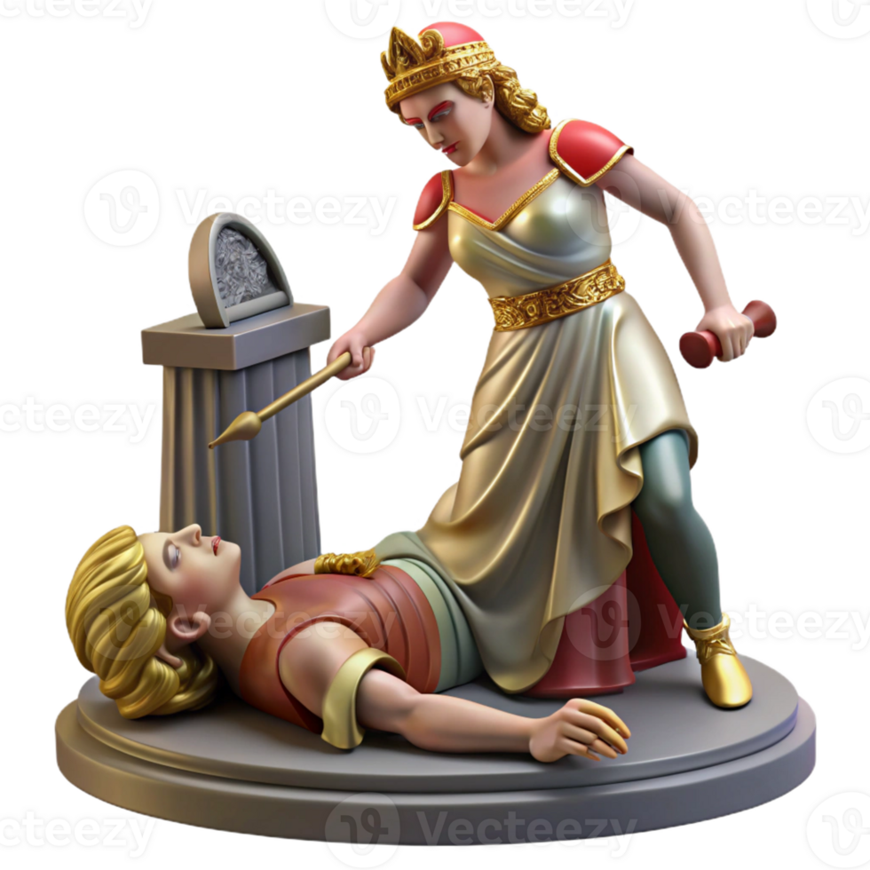 serene classic A vengeful Clytemnestra murdering Agamemnon, dramatic chiaroscuro lighting, Baroque painting style high resolution png