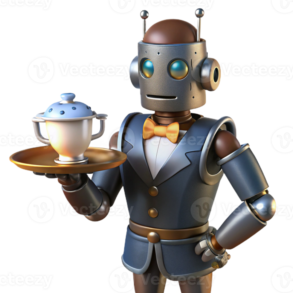 extraordinary rustic A steampunk robot butler, holding a silver tray with a steaming cup of tea, soft, warm lighting, humorous style original png