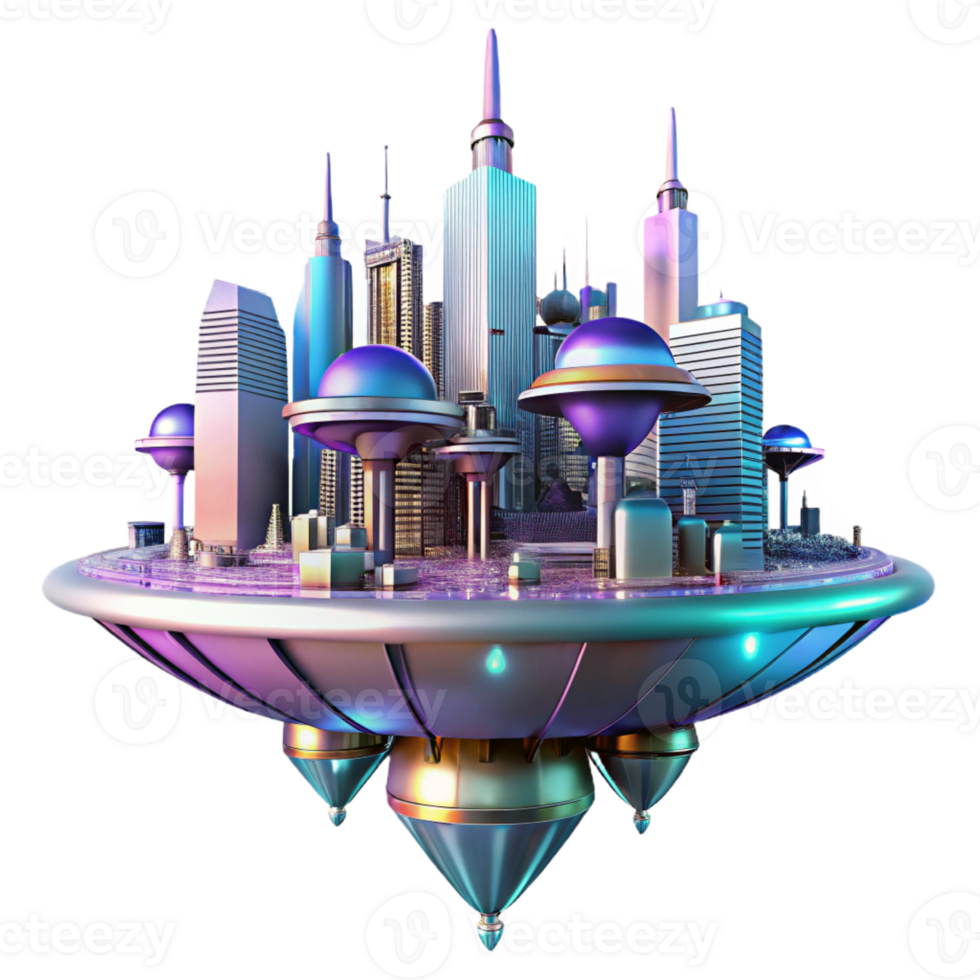 stunning creative A futuristic floating city, sleek metallic structures, neon lights, vibrant colors, cyberpunk style, low angle view 4K png