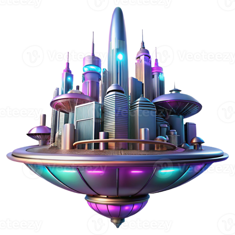 dramatic classic A futuristic floating city, sleek metallic structures, neon lights, vibrant colors, cyberpunk style, low angle view authentic png